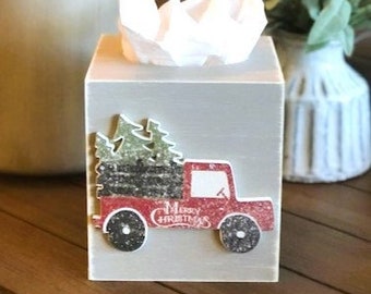 Red Truck Christmas Tissue Box Cover, Bringing Home the Tree, Farmhouse Christmas Bathroom Holder, Rustic Home Decor, Holiday Decor