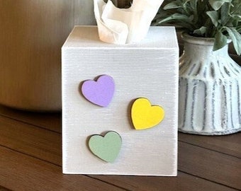 Valentine's Day Tissue Box Cover - Candy Heart Bathroom Decor - Hand Painted - Wood Tissue Box Holder