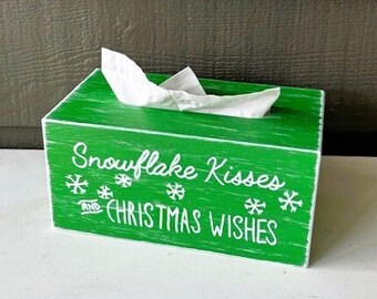 Christmas Tissue Box Cover - Snowflake Kisses Tissue Box Holder - Farmhouse Rustic Bathroom Decor - Rectangle Tissue Cover - Christmas Gift