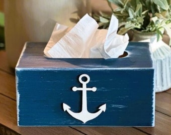 Nautical Tissue Box Cover - Anchor Rectangle Beach Tissue Box Holder - Rustic Distressed Bathroom Decor - Oblong Tissue Cover