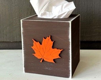 Pumpkin Tissue Box Cover - Fall Pumpkin or Autumn Leaves - Rustic Thanksgiving Bathroom Decor - Rustic Kitchen Home - Wood Tissue Box Holder