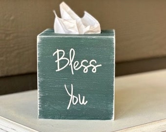 Farmhouse Tissue Box Cover - Square Wood Tissue Box - Bless You Rustic Bathroom Decor - Kitchen Decor