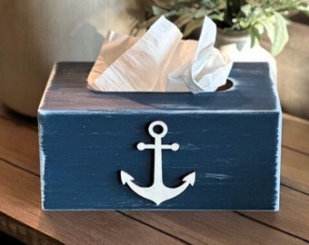 Anchor Tissue Box Cover - Nautical Bathroom Rectangle Wood Tissue Box - Rustic Bathroom Decor