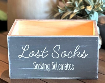 Custom Farmhouse Laundry Room Decor - Lost Socks Seeking Soulmates Basket - Lost Sock Wood Crate - Laundry Room Storage and Organization