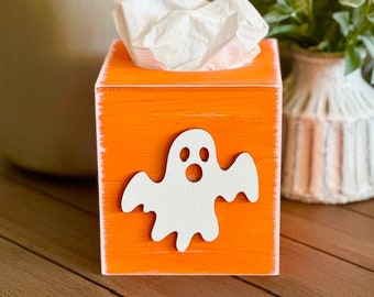 Halloween Tissue Box Cover - Ghost Farmhouse Bathroom Decor - Trick or Treat Rustic Kitchen Home Decor - Wood Tissue Box Holder