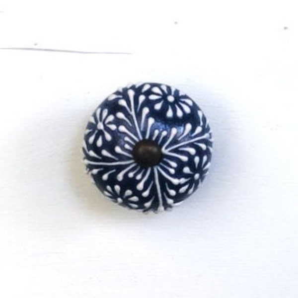 Blue Ceramic Knob - Navy White Nautical - Floral Drawer Pulls - Flower Cabinet Knobs - Farmhouse Style Chic - Dresser - Fixer Upper Style