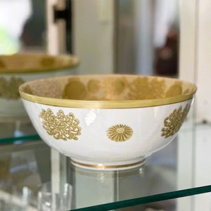 Vintage Andrea by Sadek Bowl, Chrysanthemum Large Porcelain Bowl, Gold, White and Green, Made in Japan