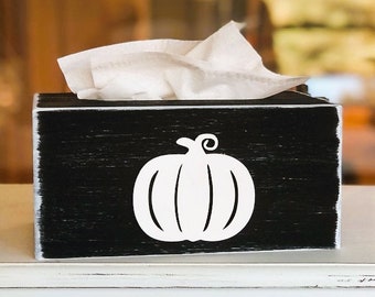 Pumpkin Tissue Box Cover - Fall Leaves Bathroom Decor - Leaf Rustic Kitchen Home Decor - Autumn Farmhouse Wood Tissue Box Holder