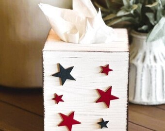 Fourth Of July Tissue Box Cover - Tissue Box Holder - Holiday Rustic Bathroom Decor - Patriotic Wood Square Cover - Memorial Day Decor