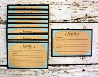 Farmhouse Recipe Cards, 4x6, Rustic Paper Recipe Cards, Housewarming Gifts, Bridal Shower Gifts, Turquoise Blue and Brown