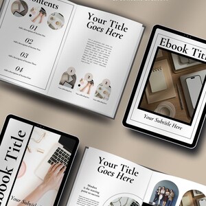 Peut inclure: Conception d'un ebook avec le titre "eBook" en blanc et en gras. L'image présente des livres ouverts et des tablettes avec des titres tels que "Contents" et "Your Title Goes Here". La conception est pour les entreprises, les coachs et les créateurs de contenu.
