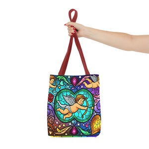 Bolso de mano con diseño de corazón de ángel, cupido y querubín de vitrales, diseño barroco colorido, regalo para el Día de la Madre, esposa y novia, 3 tamaños imagen 14