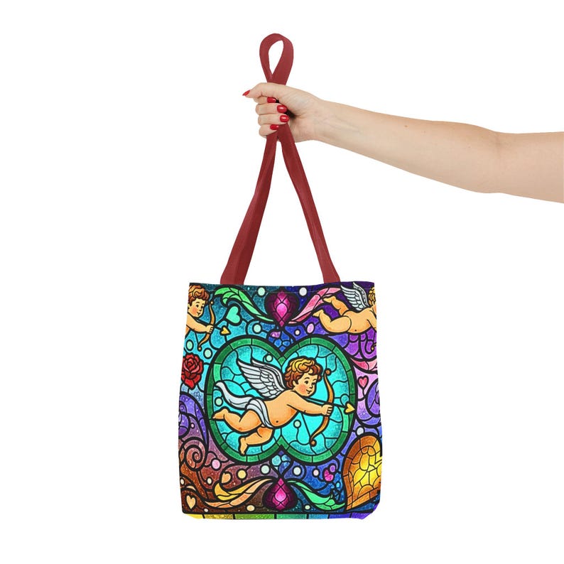 Bolso de mano con diseño de corazón de ángel, cupido y querubín de vitrales, diseño barroco colorido, regalo para el Día de la Madre, esposa y novia, 3 tamaños imagen 14