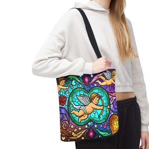 Bolso de mano con diseño de corazón de ángel, cupido y querubín de vitrales, diseño barroco colorido, regalo para el Día de la Madre, esposa y novia, 3 tamaños imagen 9
