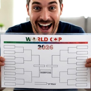 May include: A white World Cup 2026 bracket chart with green, red, and blue text. The text "WORLD CUP" is at the top, and "2026" is in the center. The chart is held by a person with a surprised expression.