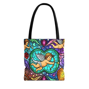 Bolso de mano con diseño de corazón de ángel, cupido y querubín de vitrales, diseño barroco colorido, regalo para el Día de la Madre, esposa y novia, 3 tamaños imagen 3