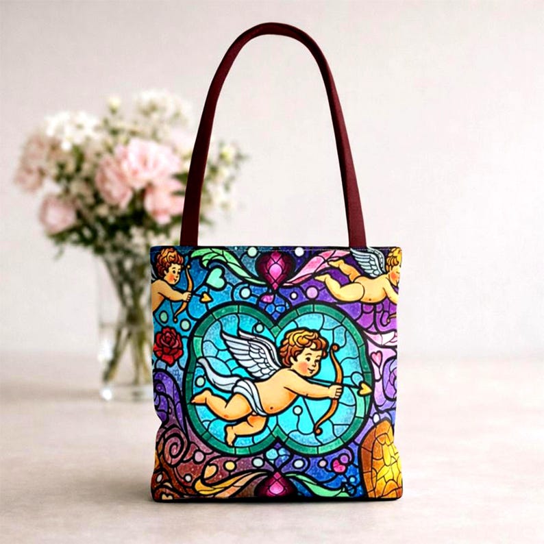 Bolso de mano con diseño de corazón de ángel, cupido y querubín de vitrales, diseño barroco colorido, regalo para el Día de la Madre, esposa y novia, 3 tamaños imagen 4