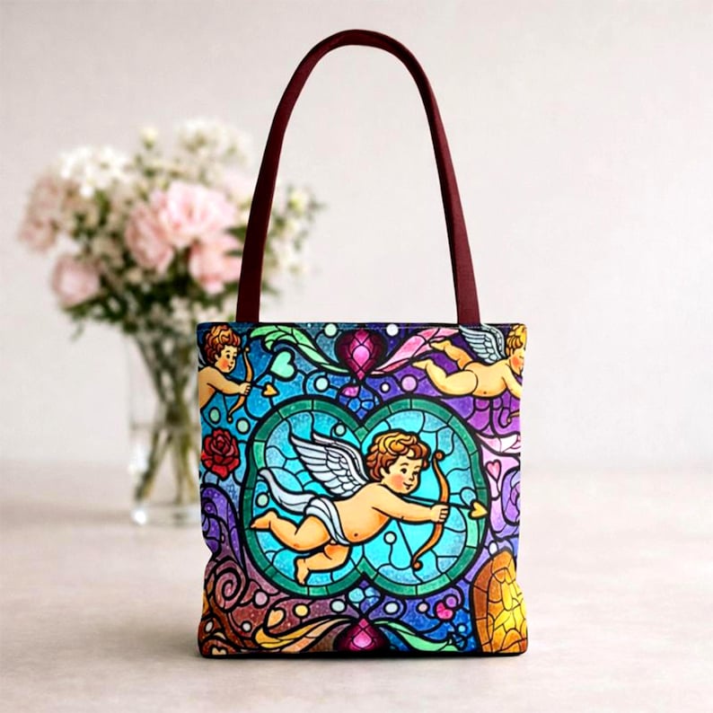Bolso de mano con diseño de corazón de ángel, cupido y querubín de vitrales, diseño barroco colorido, regalo para el Día de la Madre, esposa y novia, 3 tamaños imagen 10