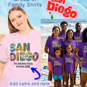 Custom San Diego Tshirt Personalized Name or leave blank Tee San Diego Shirt Iconic Pictures Inside Letters Family Vacation Group Gift