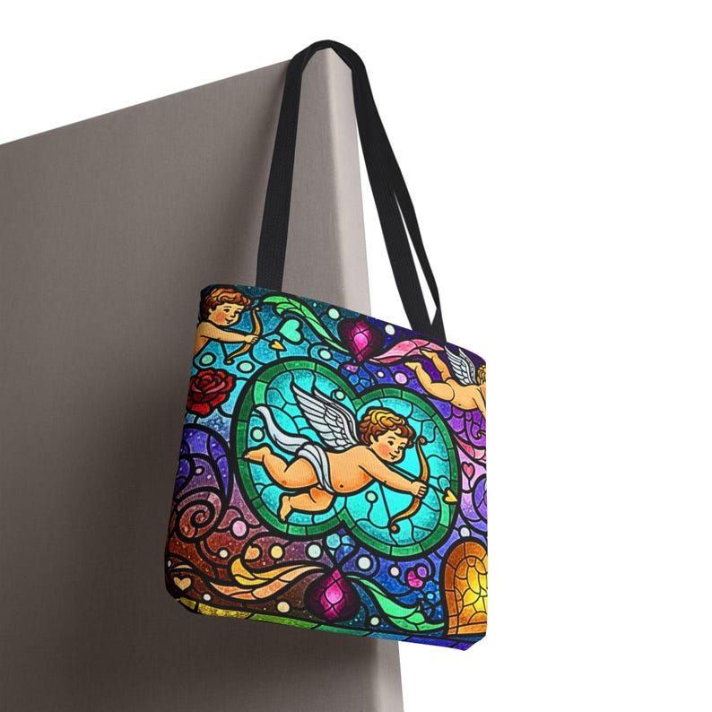 Bolso de mano con diseño de corazón de ángel, cupido y querubín de vitrales, diseño barroco colorido, regalo para el Día de la Madre, esposa y novia, 3 tamaños imagen 13