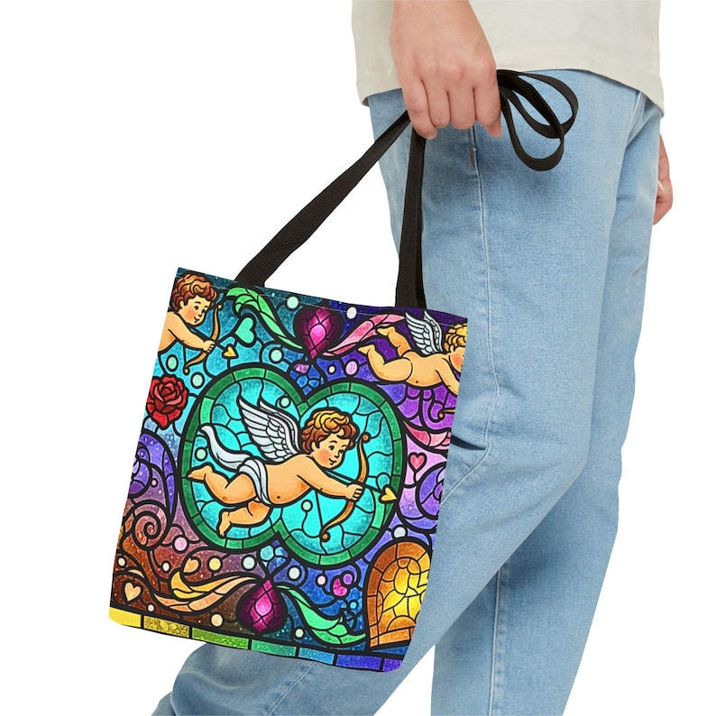Bolso de mano con diseño de corazón de ángel, cupido y querubín de vitrales, diseño barroco colorido, regalo para el Día de la Madre, esposa y novia, 3 tamaños imagen 8