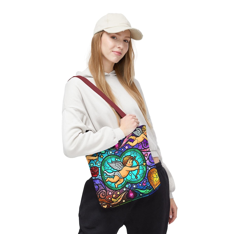 Bolso de mano con diseño de corazón de ángel, cupido y querubín de vitrales, diseño barroco colorido, regalo para el Día de la Madre, esposa y novia, 3 tamaños imagen 15