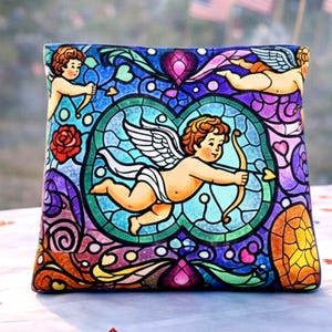 Bolso de mano con diseño de corazón de ángel, cupido y querubín de vitrales, diseño barroco colorido, regalo para el Día de la Madre, esposa y novia, 3 tamaños imagen 17