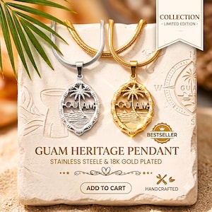 Guam Necklace with Pendant, 18k Gold Plated & Stainless Steel Guam Jewelry, Chamorro Heritage Seal Palm Tree Necklace, Island Pride Gift