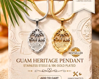 Guam Necklace with Pendant, 18k Gold Plated & Stainless Steel Guam Jewelry, Chamorro Heritage Seal Palm Tree Necklace, Island Pride Gift
