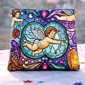 Stained Glass Tote Bag Cupid cherub angel Pattern Baroque Design Colorful Jewel Tones Artistic Shopping Bag Unique Art Accessory Gallery Visit Companion Sturdy Construction Reinforced Handles Laminated Interior Spill Resistant Daily Carry Essential. stained glass tote, tote bag design, design pattern, pattern baroque heart, cupid bag artsy, artsy colorful shopping, shopping bag sturdy, sturdy market tote, tote carry all, all day accessory, accessory art gallery, gallery decorative carryall