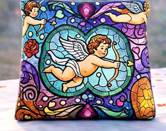 Bolso de mano con diseño de corazón de ángel, cupido y querubín de vitrales, diseño barroco colorido, regalo para el Día de la Madre, esposa y novia, 3 tamaños