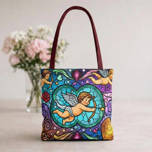 Bolso de mano con diseño de corazón de ángel, cupido y querubín de vitrales, diseño barroco colorido, regalo para el Día de la Madre, esposa y novia, 3 tamaños imagen 20
