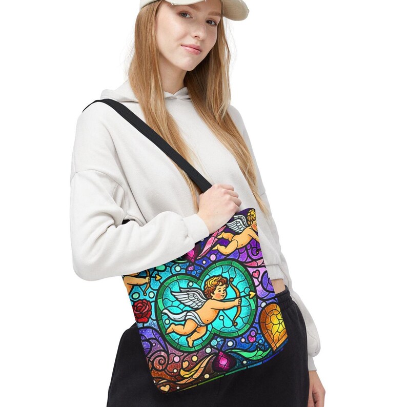 Bolso de mano con diseño de corazón de ángel, cupido y querubín de vitrales, diseño barroco colorido, regalo para el Día de la Madre, esposa y novia, 3 tamaños imagen 5