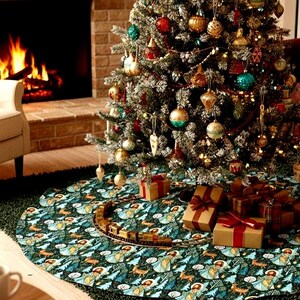 May include: A decorated Christmas tree with ornaments in gold, red, and teal. A patterned tree skirt with a train set and wrapped gifts sits beneath the tree. A fireplace with a burning fire is in the background.