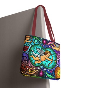 Bolso de mano con diseño de corazón de ángel, cupido y querubín de vitrales, diseño barroco colorido, regalo para el Día de la Madre, esposa y novia, 3 tamaños imagen 19