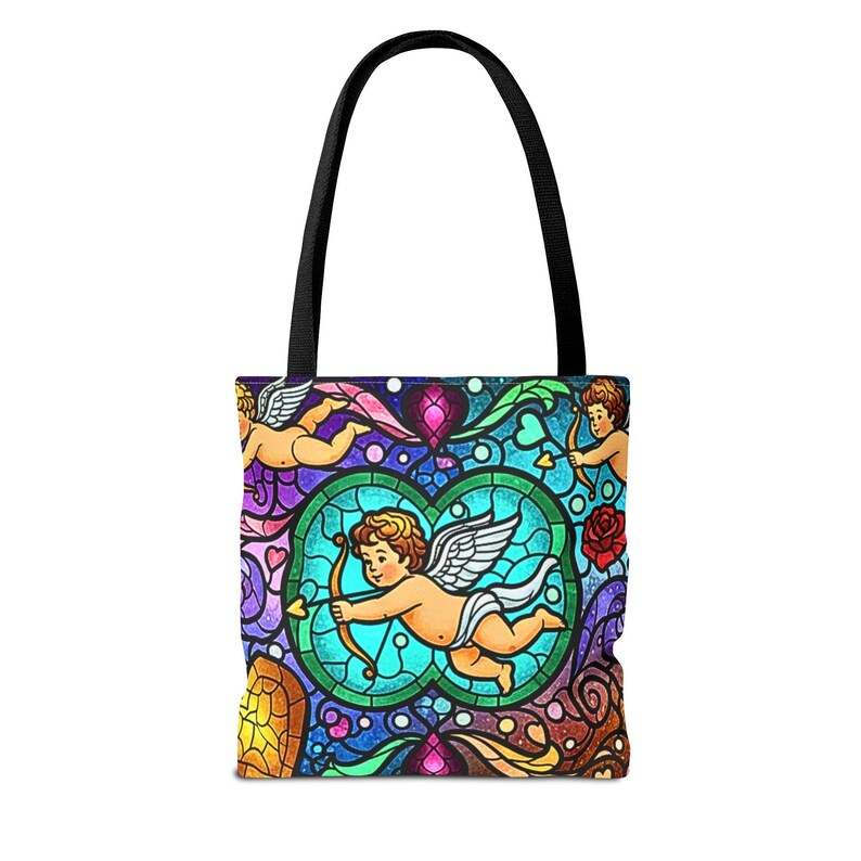 Bolso de mano con diseño de corazón de ángel, cupido y querubín de vitrales, diseño barroco colorido, regalo para el Día de la Madre, esposa y novia, 3 tamaños imagen 11