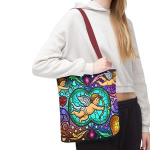 Bolso de mano con diseño de corazón de ángel, cupido y querubín de vitrales, diseño barroco colorido, regalo para el Día de la Madre, esposa y novia, 3 tamaños imagen 18