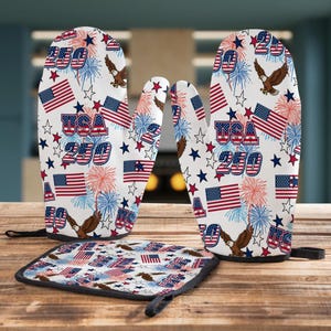 Juego de cocina patriótico con manoplas resistentes al calor, equipo de seguridad para hornear, protección para las manos, agarradera acolchada para horno, diseño decorativo, ideal para chefs de cocina.