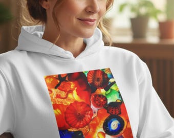 Sudadera con capucha de arte abstracto en vidrio, prenda artística, elegante, colorida, vibrante, estilo bohemio, regalo artístico único para artistas.
