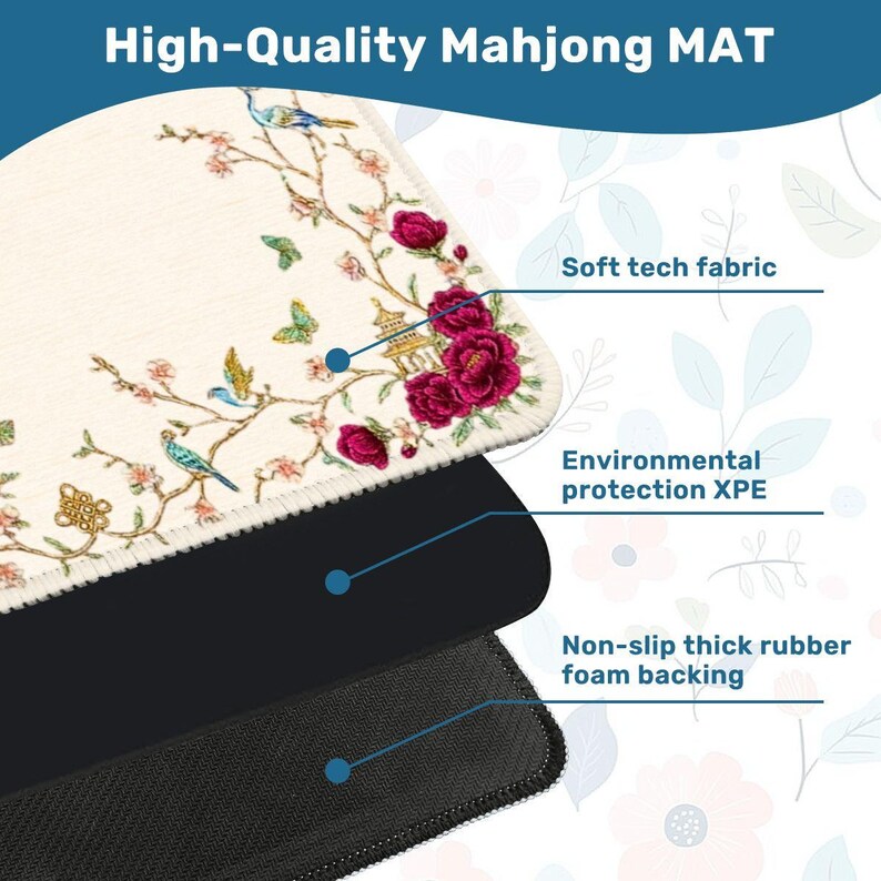 Mahjong Game Mat 20.9"x20.9" Protection Table Covering Gaming Quiet Tournament Accessory Travel Bag Portable Design Square Shape Nonslip image 3