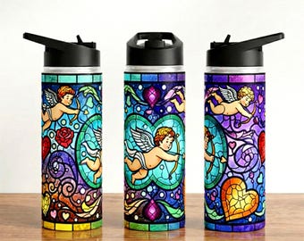 Botella de agua de Cupido con vitrales, regalo para el Día de la Madre, vaso con ángel del amor, arte romántico único, artículos para beber con aislamiento, querubín, mamá, novia, esposa