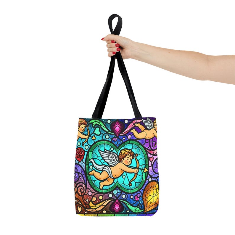Bolso de mano con diseño de corazón de ángel, cupido y querubín de vitrales, diseño barroco colorido, regalo para el Día de la Madre, esposa y novia, 3 tamaños imagen 6
