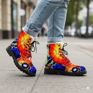 May include: Colorful combat boots with a vibrant abstract design in shades of red, yellow, and blue. The boots have black soles, black laces, and a faux fur lining. The boots are worn with blue jeans.
