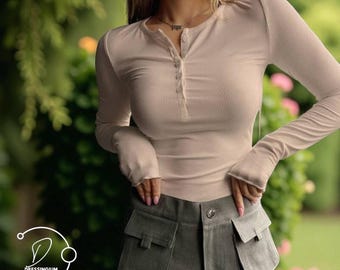 Ribbed Henley Long Sleeve Top: Slim Fit Women's Shirt