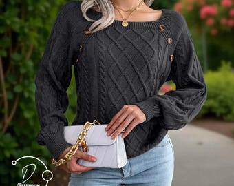 Cable Knit Button Sweater - Relaxed Fit Pullover