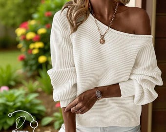 Off-Shoulder Knit Sweater: Slouchy One Shoulder Top - Casual Women's Sweater