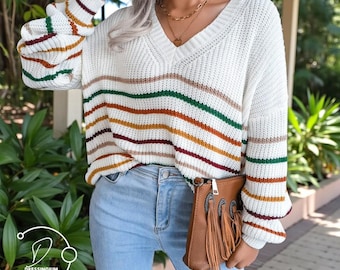 Striped Women’s Sweater - V-Neck Pullover for Women, Winter Knitwear, Loose Fit Jumper