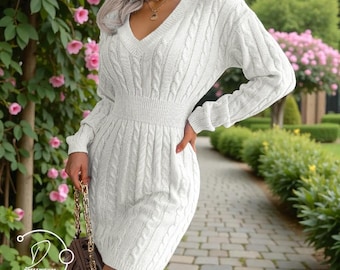 Elegant Sweater Dress - V-Neck Women’s Dress - Long Sleeve Knitted Midi Dress - Cosy Women's Outfit