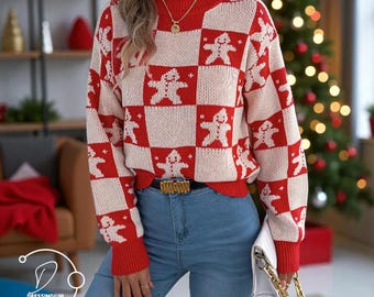 Checkered Gingerbread Sweater - Festive Christmas Pullover for Women - Holiday Themed Jumper