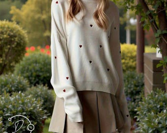 Heart Pattern Women’s Sweater – Romantic Crew Neck Jumper